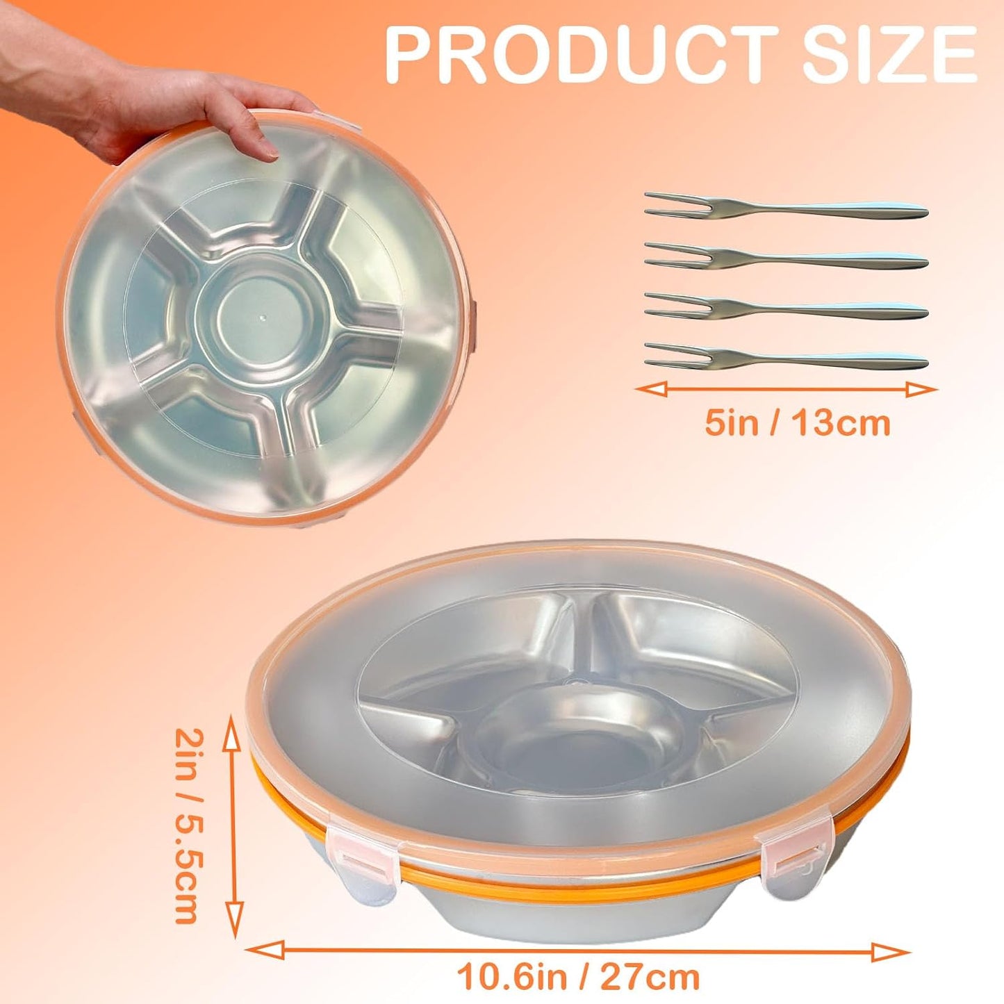 Divided Serving Tray with Lid, Veggie Tray with Lid Stainless Steel 6 Compartments Vegetable and 4 Forks Set for Party Platter, Vegetable Relish Fruit Tray, Snackle Box