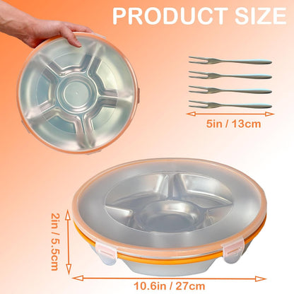 Divided Serving Tray with Lid, Veggie Tray with Lid Stainless Steel 6 Compartments Vegetable and 4 Forks Set for Party Platter, Vegetable Relish Fruit Tray, Snackle Box