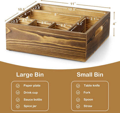 Acacia Wood Utensil Holder for Party, 6-Compartment Paper Plate and Silverware Organizer with Handles, Rustic Utensil Caddy for Parties, Outdoor Gatherings, and Kitchen Countertop Organization