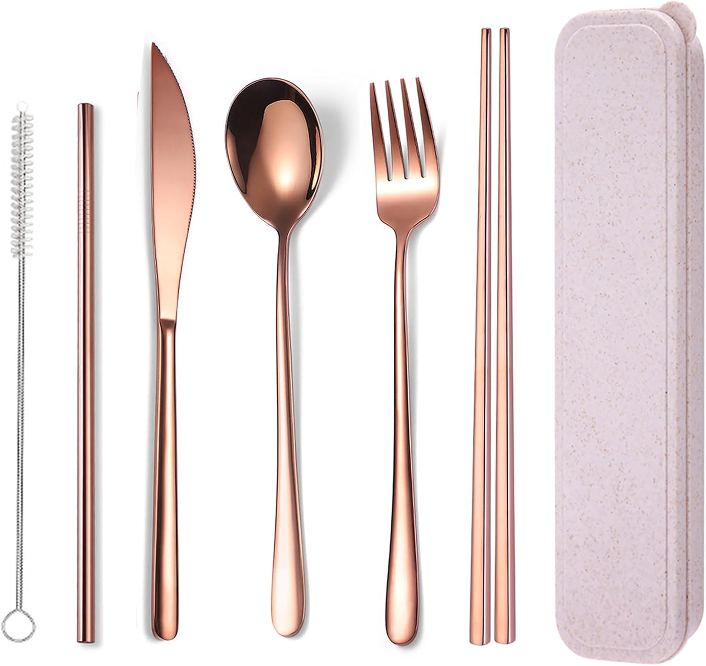 AARAINBOW 6 Pieces 18/8 Stainless Steel Flatware Set Portable Reusable Cutlery Set Travel Utensils Set Including Chopsticks Knife Fork Spoon Straws Cleaning Brush Dishwasher Safe (Green golden)