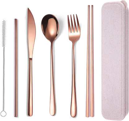 AARAINBOW 6 Pieces 18/8 Stainless Steel Flatware Set Portable Reusable Cutlery Set Travel Utensils Set Including Chopsticks Knife Fork Spoon Straws Cleaning Brush Dishwasher Safe (Green golden)