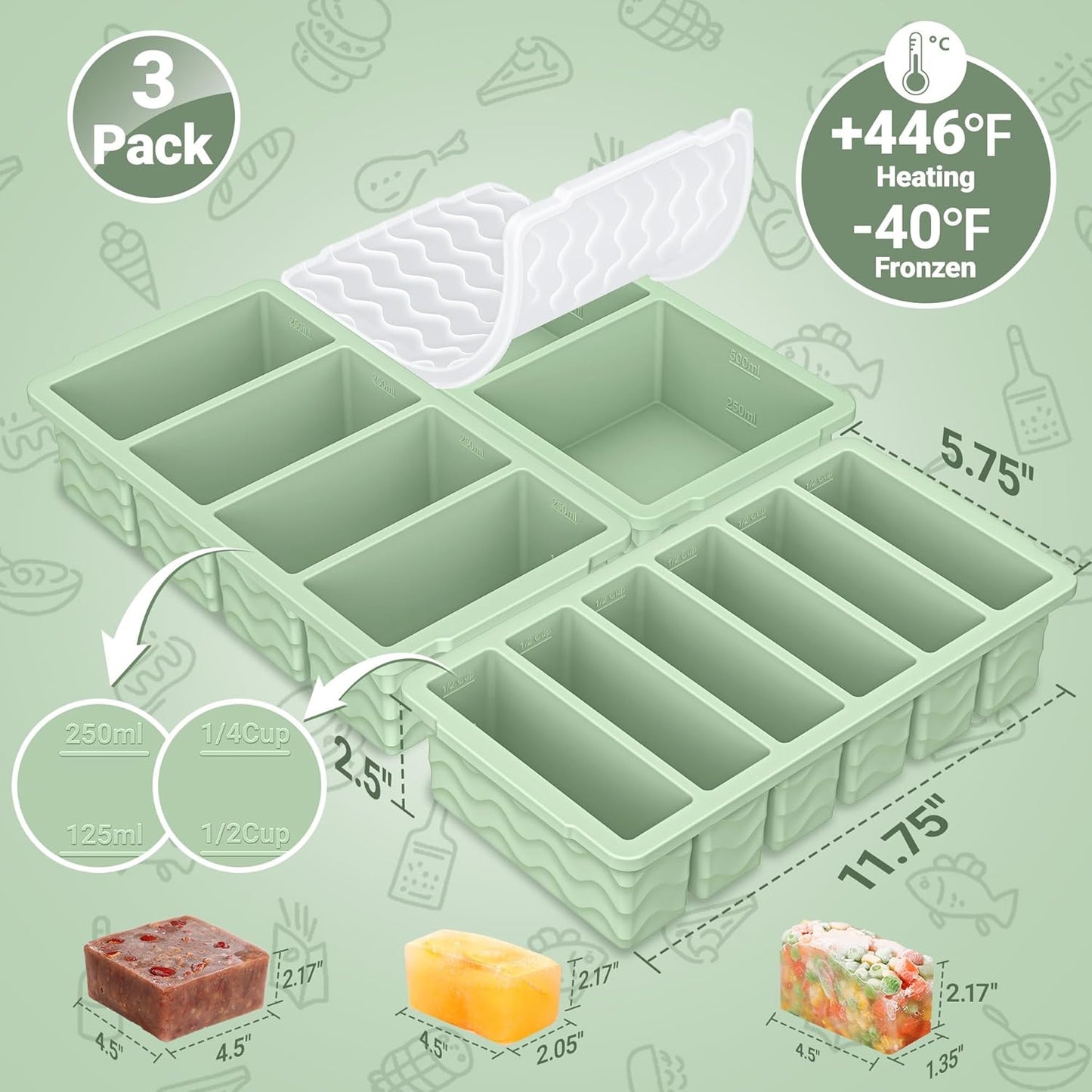 3-Pack Silicone Freezer Trays with Lid,2 Large 2-Cup(500ml)&4 Medium 1-Cup(250ml)&6 Small 1/2-Cup(125ml) Soup Freezer Container Molds,Ice Cube Tray For Meal Prep&Freezing Soup,Stews,Sauces