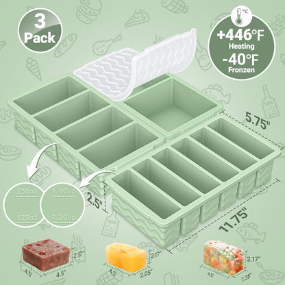 3-Pack Silicone Freezer Trays with Lid,2 Large 2-Cup(500ml)&4 Medium 1-Cup(250ml)&6 Small 1/2-Cup(125ml) Soup Freezer Container Molds,Ice Cube Tray For Meal Prep&Freezing Soup,Stews,Sauces