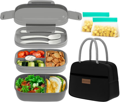 JBGOYON® Bento Lunch Box with Bag - All-in-One Stackable Lunch Containers with 3 Layers for Adults & Kids, 1900 ML Modern Bento-Style Design, Built-in Utensil Set, Lunch Bag (Purple)