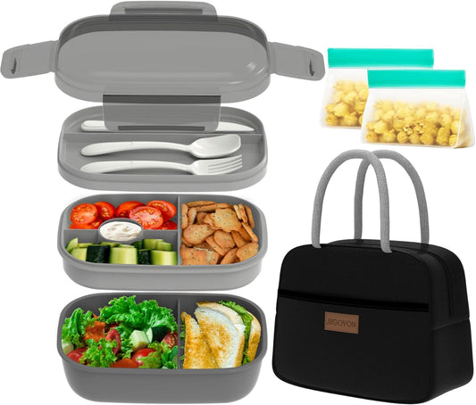 JBGOYON® Bento Lunch Box with Bag - All-in-One Stackable Lunch Containers with 3 Layers for Adults & Kids, 1900 ML Modern Bento-Style Design, Built-in Utensil Set, Lunch Bag (Purple)