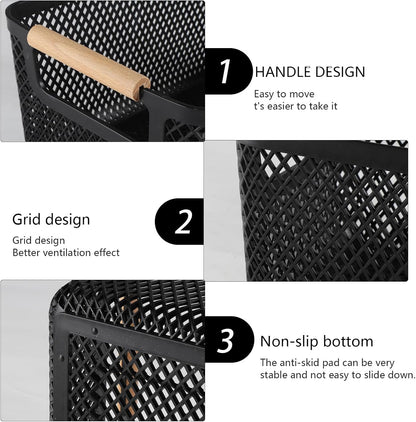 Onion and Potato Storage Baskets,A set of 2 Wooden Handle storage Basket Stackable Plastic Pantry Bins, Multifunctional Organizers for Kitchen, Countertop, and More Vegetable Storage Box (Black-2pack)