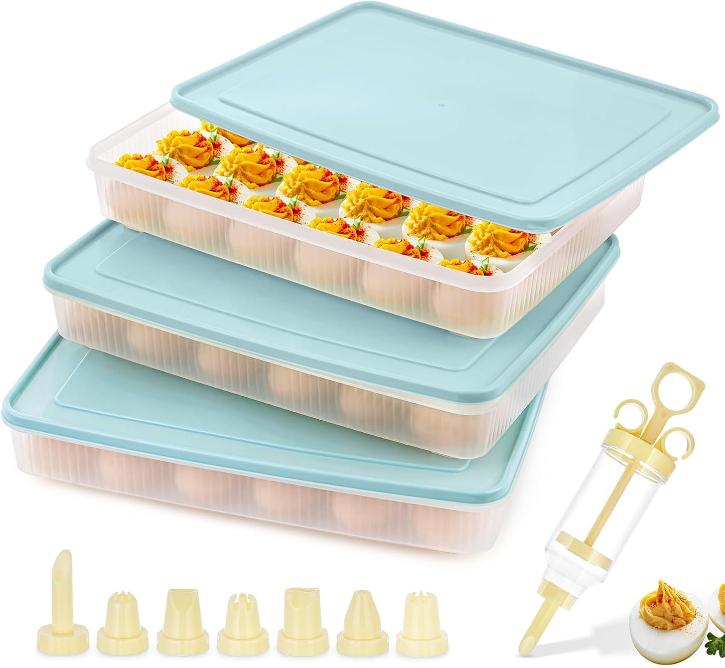 3 Pack Deviled Egg Containers with Lid and 8 Pcs Deviled Egg Injector Piping Tool, Egg Organizer for Refrigerator, Fridge Stackable Countertop Portable Egg Platter (pink,blue,green)