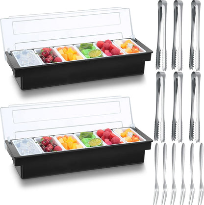2 Ice Cooled Garnish Tray Deck Bar Garnish Caddy Condiment Containers with Lids and Removable Chilled Condiment Server with 6 Tongs and 6 Fruit Forks (6 Compartments)