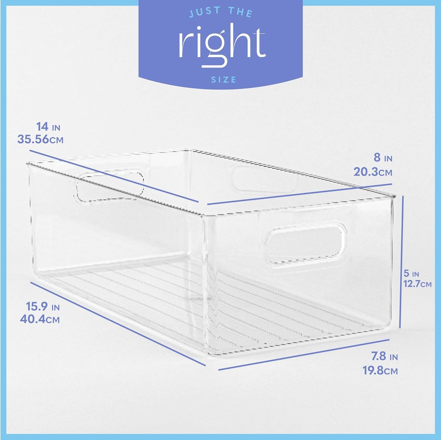 Plastic Food Storage 4 Pack Clear Container Bin with Handles for Organizing Kitchen, Pantry, Refrigerator, Freezer, Pantry, Cabinet, Closet, Bathroom. Stackable 10”x6”x3”