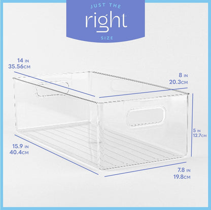Plastic Food Storage 4 Pack Clear Container Bin with Handles for Organizing Kitchen, Pantry, Refrigerator, Freezer, Pantry, Cabinet, Closet, Bathroom. Stackable 10”x6”x3”