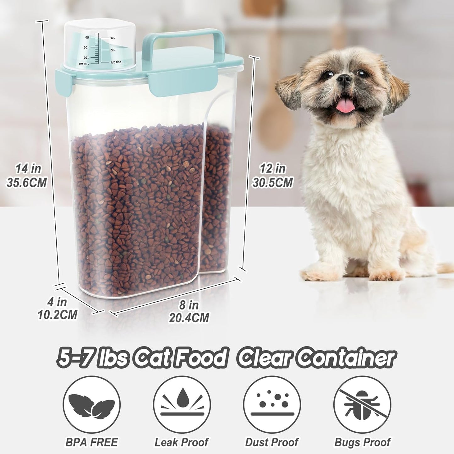 LEAWALK 5-7Lbs Cat Dog Storage Container, Portable Pet Food Containers with Upgraded Large Spout and Cup, Small Animal Kibble Dispenser for Bird Seed, Oatmeal, Rice, Flour, Brown Sugart-Dark Green