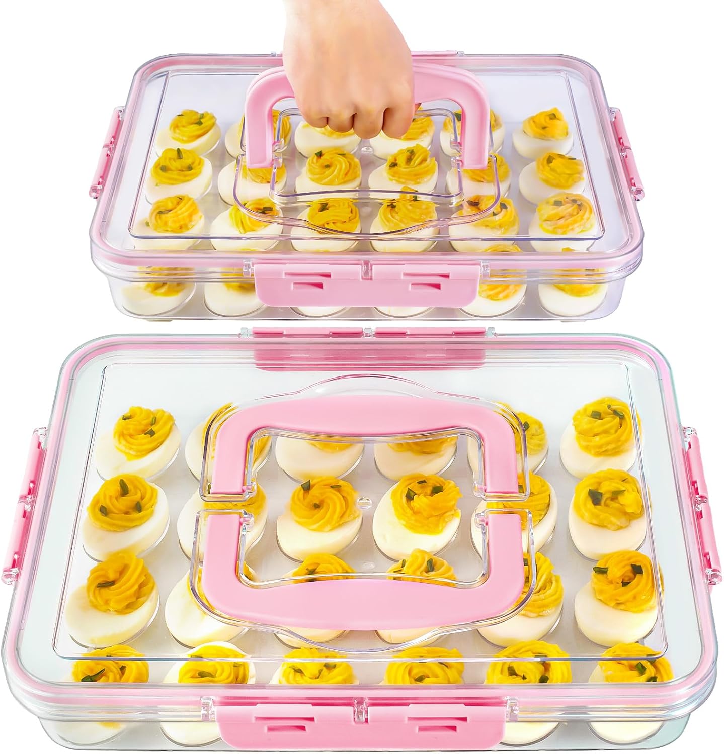 MesRosa 2 Pack Deviled Egg Containers with Lid and Handle, Durable Clear Plastic Deviled Egg Carrier Storage 48 Eggs, Stackable Egg Holder for Fridge, Portable Tray Platter for Party & Picnics-White