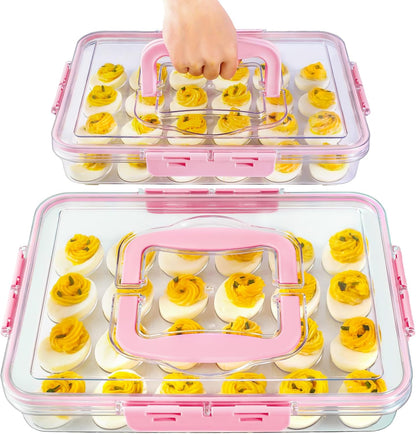 MesRosa 2 Pack Deviled Egg Containers with Lid and Handle, Durable Clear Plastic Deviled Egg Carrier Storage 48 Eggs, Stackable Egg Holder for Fridge, Portable Tray Platter for Party & Picnics-White