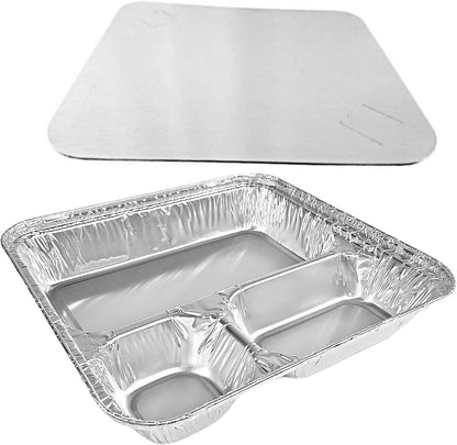 PACTOGO Large 3-Compartment Oblong Aluminum Foil Take-Out Pan Senior Feeding TV Dinner Entrée Tray w/Board Lid (Pack of 10 Sets)