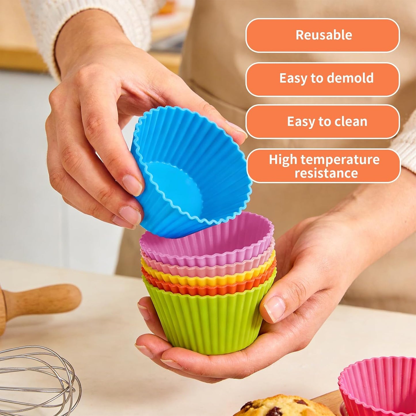 12 Pcs Silicone Muffin Cups for Baking, Silicone Cupcake Liners Reusable Baking Cups, Multicolor Non-stick Cupcake Molds for Parties Halloween Christmas
