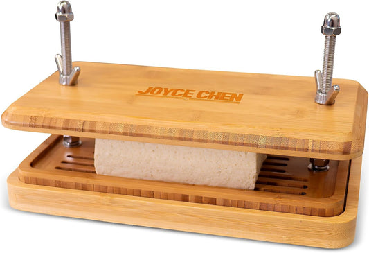 Joyce Chen Bamboo Tofu Press, Built-In Drainage Grate & Removable Drip Tray, Adjustable Dual Tension Screws, Easily Remove Water from Tofu, Mess-Free Tofu Drainer