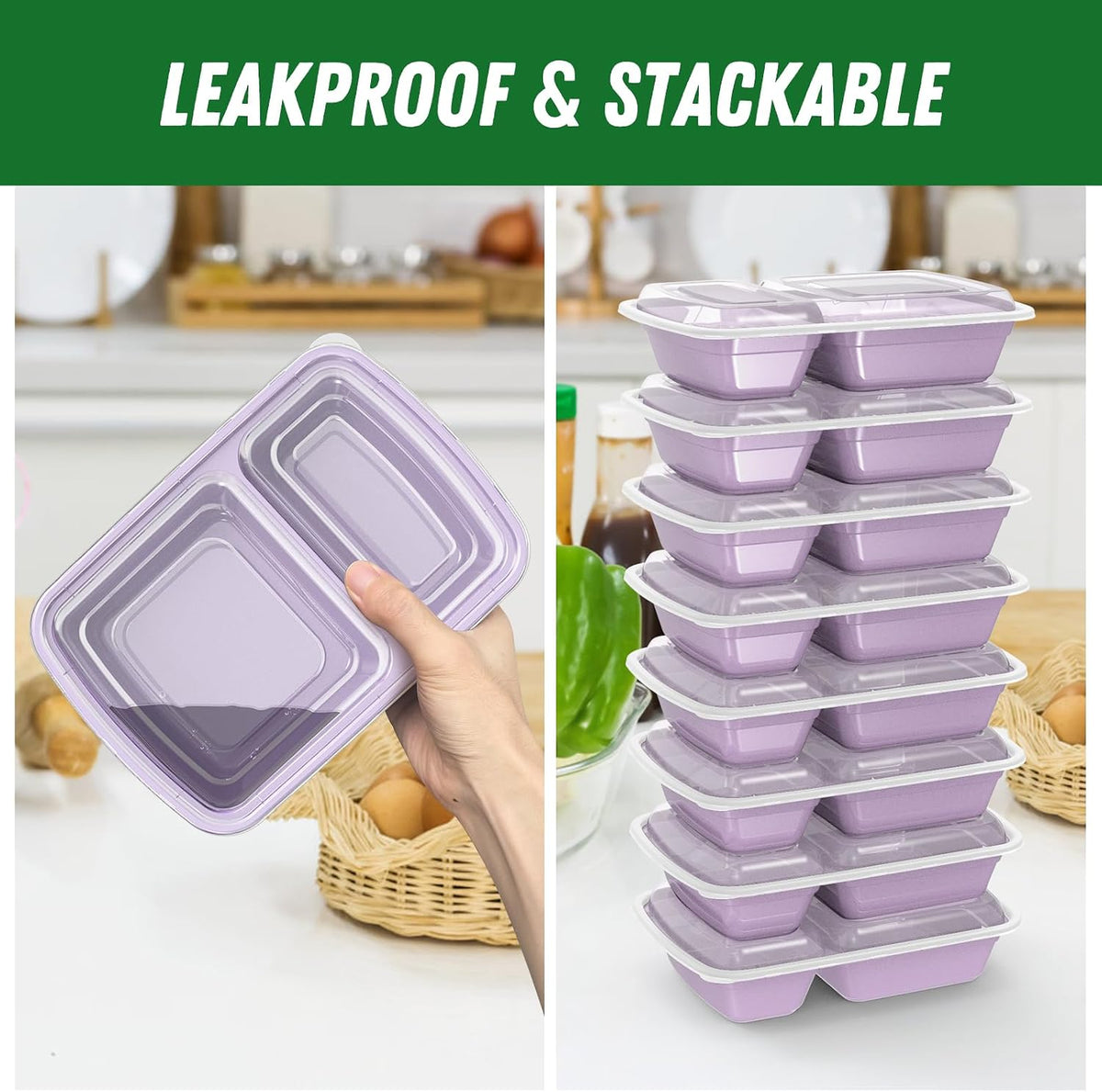 Dealusy 50 Pack (100-Piece) 28 oz Meal Prep Containers Reusable with Lids 2-Compartment, Sturdy Leakproof Food Safe, Microwave Freezer Dishwasher Safe, To Go Take Out Plastic Food Storage, Black