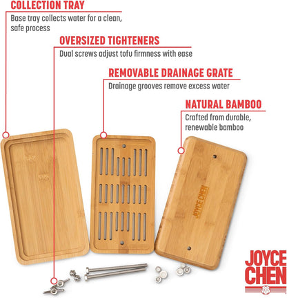 Joyce Chen Bamboo Tofu Press, Built-In Drainage Grate & Removable Drip Tray, Adjustable Dual Tension Screws, Easily Remove Water from Tofu, Mess-Free Tofu Drainer