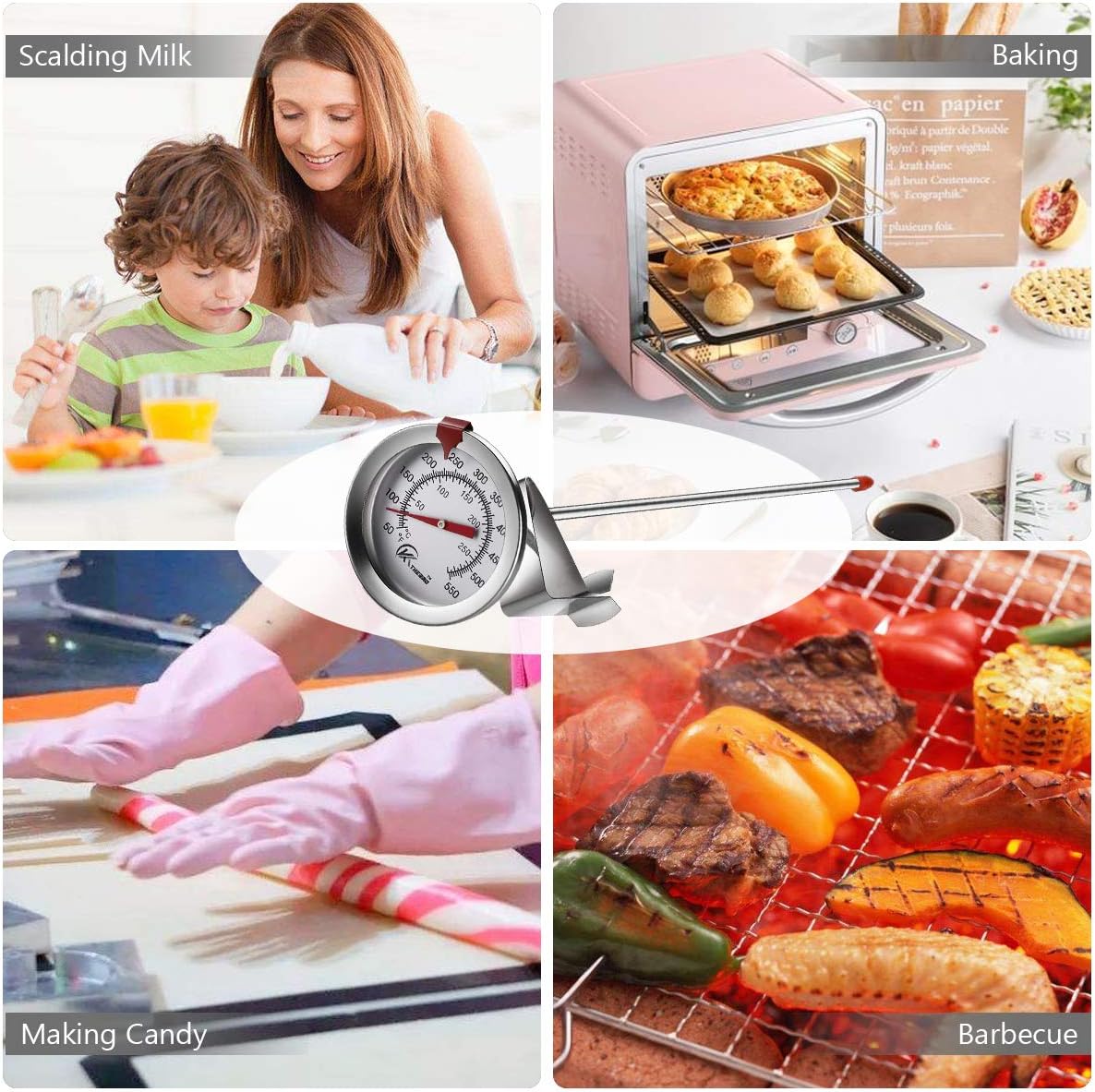 KT THERMO Candy/Deep Fry Thermometer with Instant Read,Dial Thermometer,12" Stainless Steel Stem Meat Cooking Thermometer,Best for Turkey,BBQ,Grill,Analog display