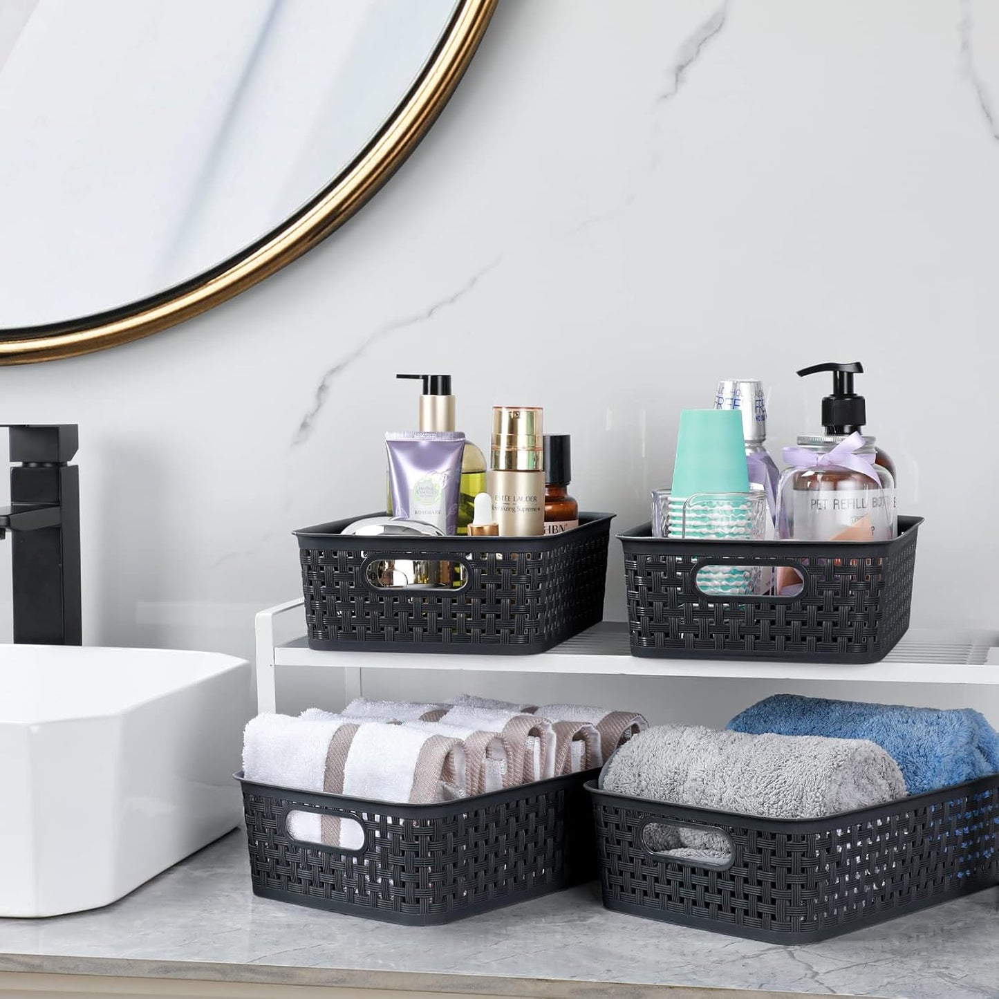 [ 12 Pack ] Plastic Storage Baskets, Small Pantry Organization and Storage Bins, Household Organizers for Laundry Room, Bathrooms, Kitchens, Cabinets, Countertop, Under Sink or Shelves, Black