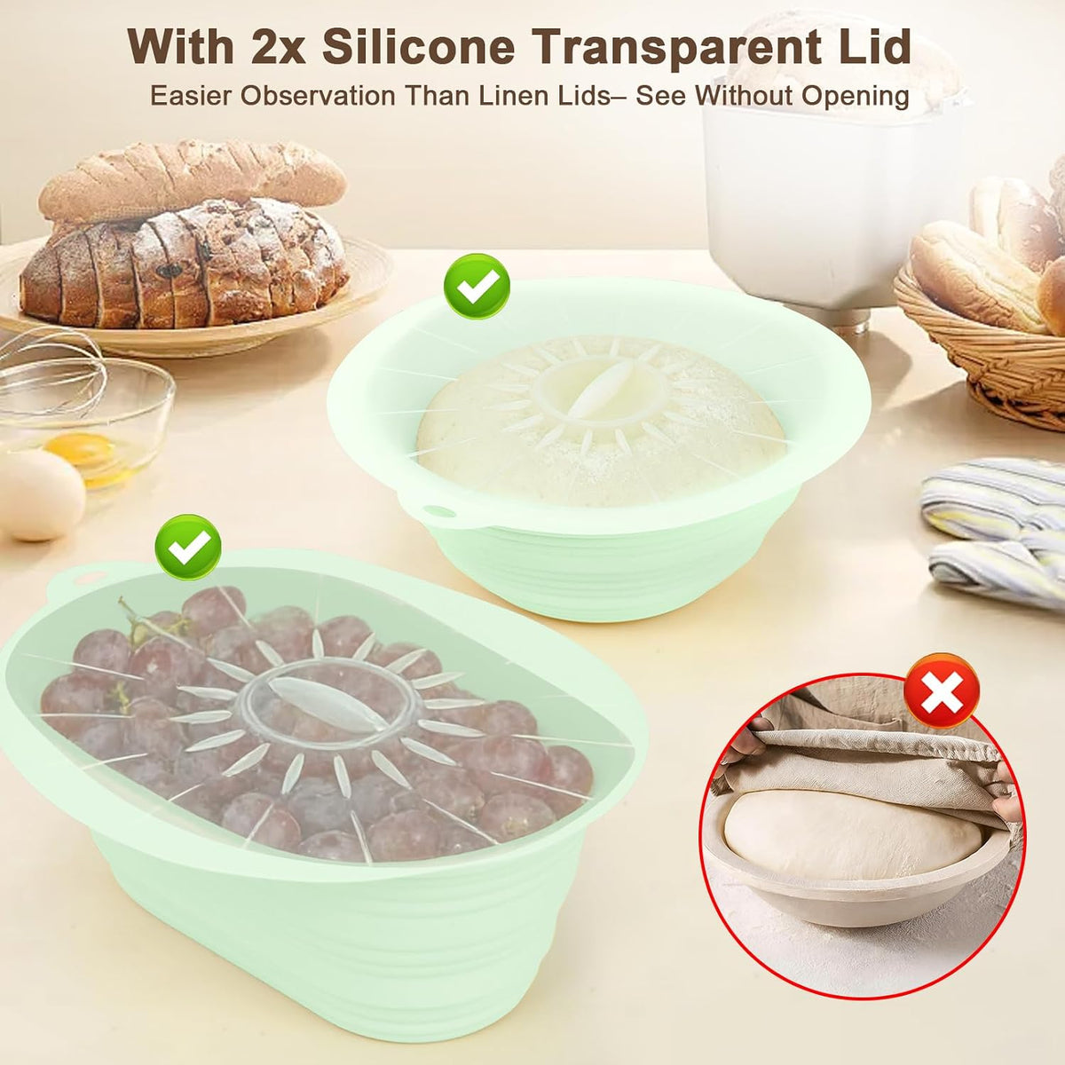 JOCXSPI Upgraded Thickened Silicone Banneton Proofing Baskets with Lids