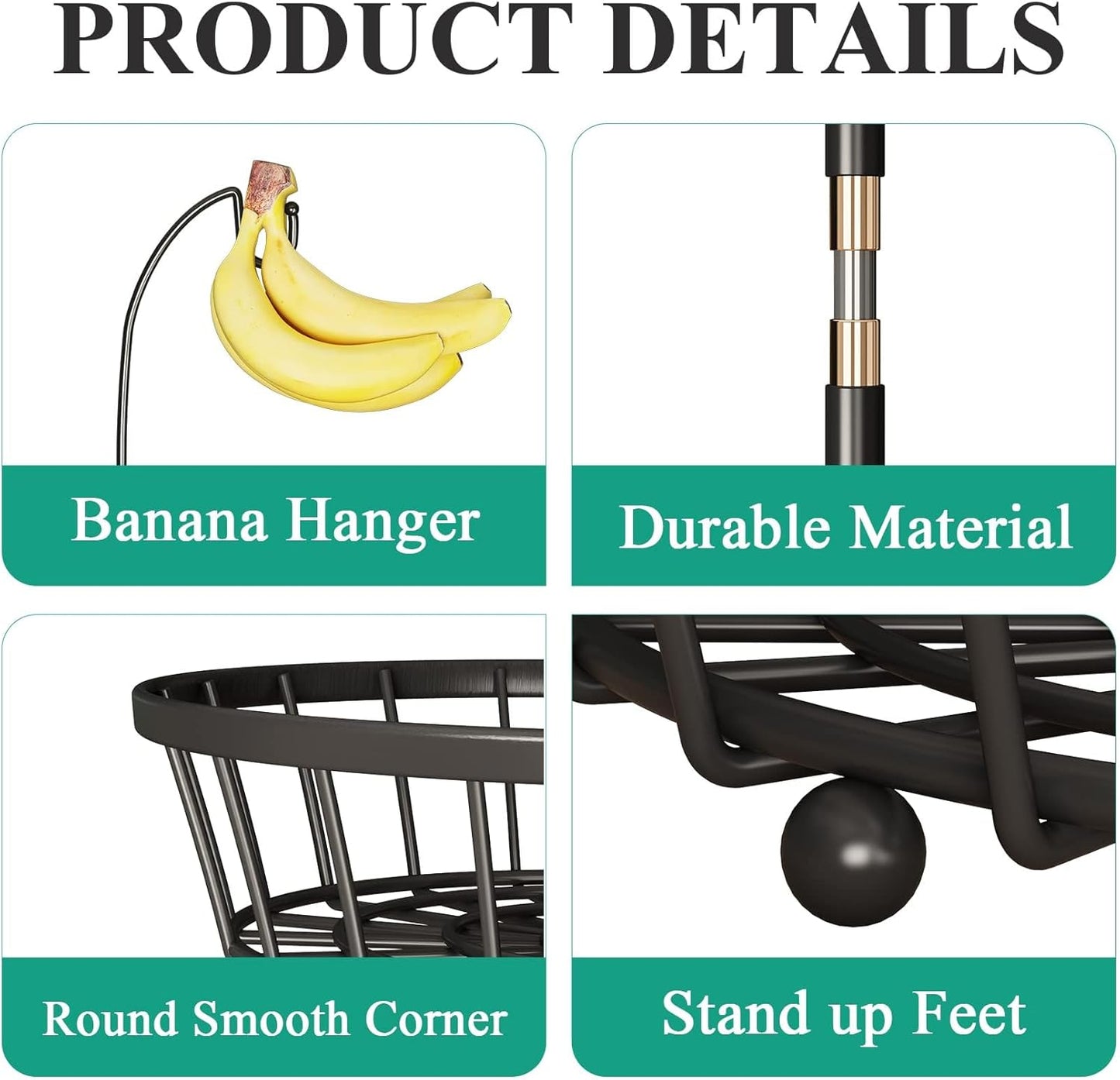 SAYZH 2-Tier Fruit Basket Bowl Stackable Vegetable Storage with Banana Tree Hanger Stand for Kitchen Countertop, Metal Wire Basket for Bread Onions Potatoes Black