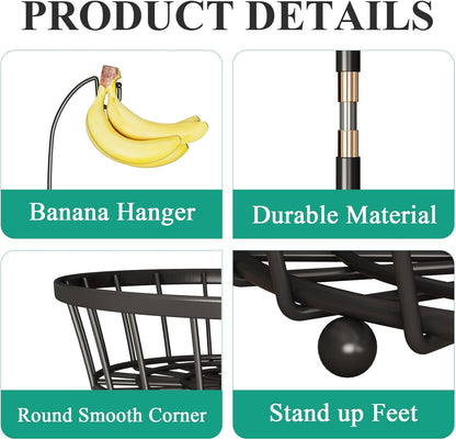 SAYZH 2-Tier Fruit Basket Bowl Stackable Vegetable Storage with Banana Tree Hanger Stand for Kitchen Countertop, Metal Wire Basket for Bread Onions Potatoes Black