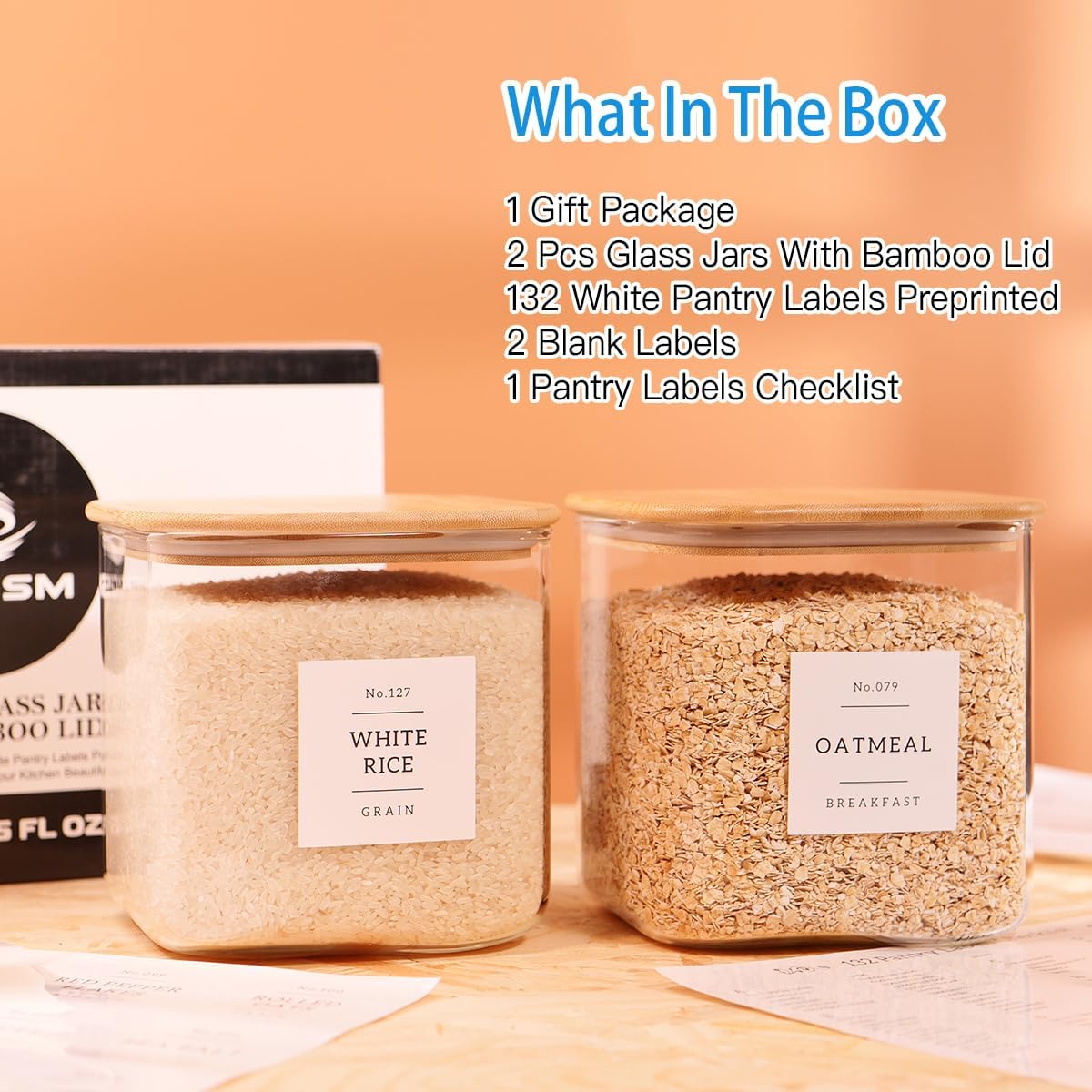 CZZGSM 2 Pack Square Glass Flour and Sugar Containers with 132 Kitchen Pantry Labels - Thicken 149 FL OZ Large Glass Storage Jars with Airtight Bamboo Lid - Big Food Canisters for Rice, Pasta, Cookie