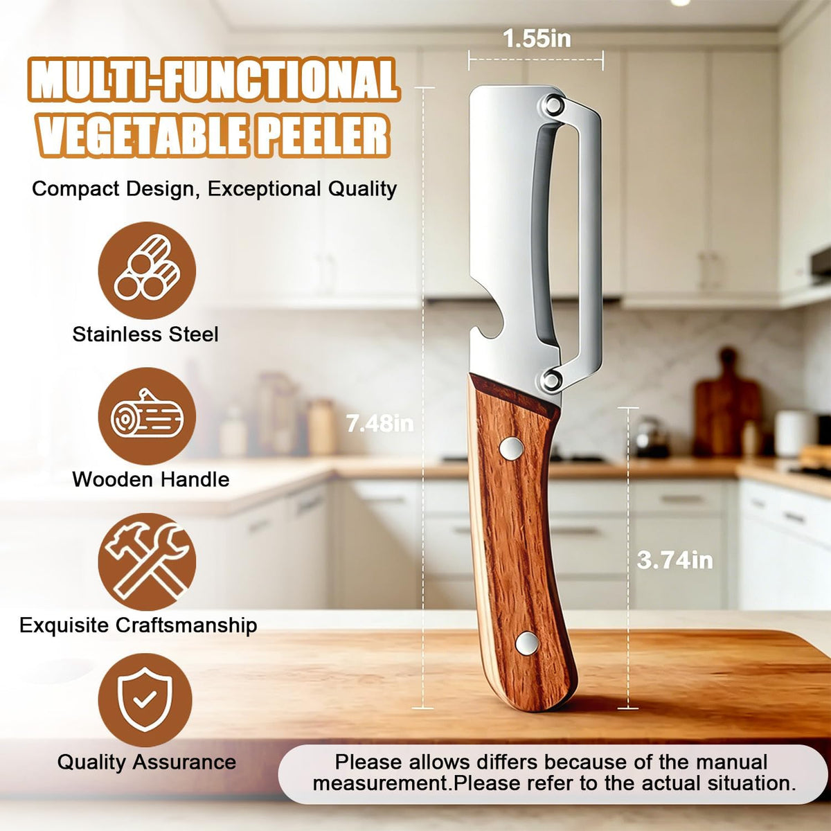 2PCS Multifunctional Vegetable Peeler for Kitchen,2-in-1 Stainless Steel Peeler Kitchen Tool with Wooden Handle and Bottle Opener for Fruit Apple Potato Pumpkin Papaya
