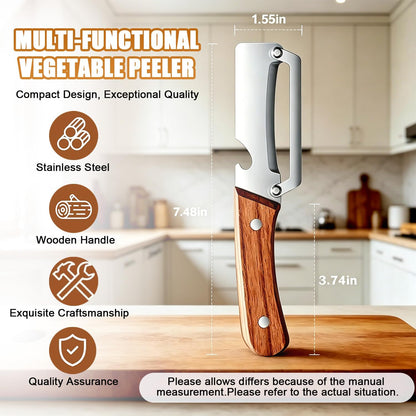 2PCS Multifunctional Vegetable Peeler for Kitchen,2-in-1 Stainless Steel Peeler Kitchen Tool with Wooden Handle and Bottle Opener for Fruit Apple Potato Pumpkin Papaya