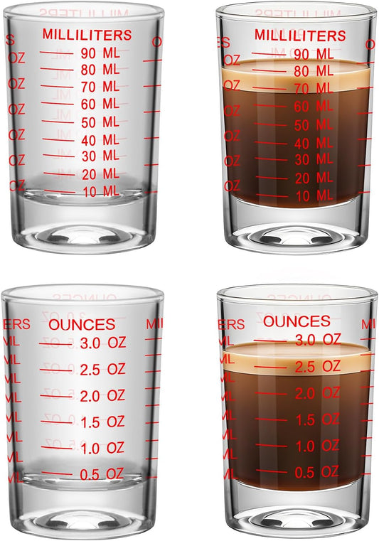 3Pcs Shot Glass Measuring Cup 3 Ounce/90ML Liquid Heavy High Espresso Glass Cup Black Line Espresso Shot Glasses with Measurement (3, Red scale)