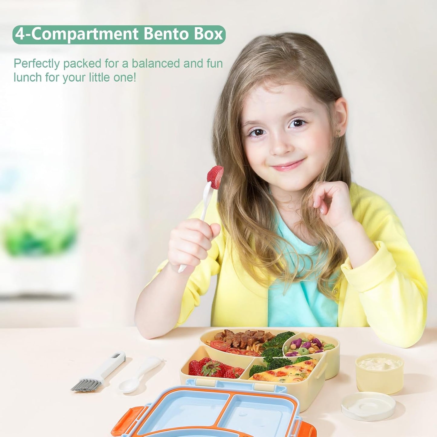 SAYAPE Kids Bento Lunch Box - Toast-Shaped 4-Compartment Lunchable Food Container with Sauce Cup, Utensils & Brush, BPA-Free, Reusable Snack Container with lid, Ideal for School & Travel - Blue