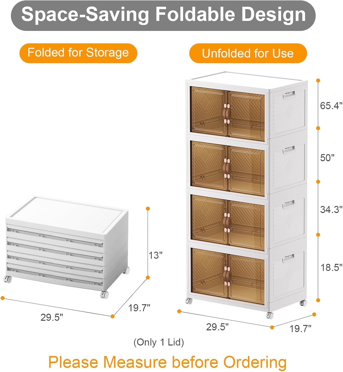UAMFURI 720QT Stackable Storage Bins with Lids, Extra Large Storage Cabinet with Doors and Wheels, Collapsible Plastic Storage Box for Bedroom Dorm Office Garage