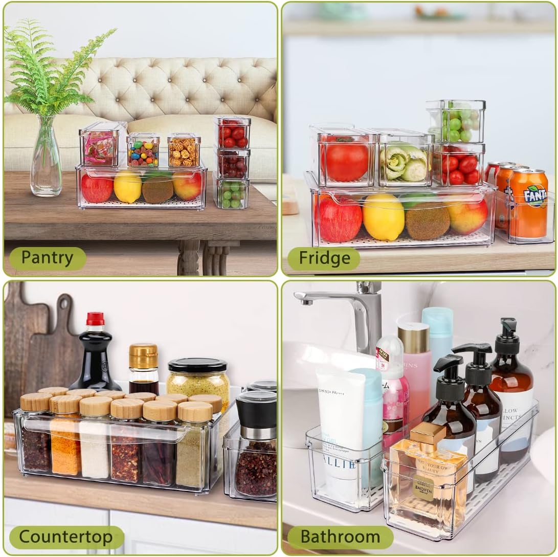 14 Pack Fridge Organizer, Stackable Refrigerator Organizer Bins with Lids PBA-Free, Clear Fridge Organizers and Storage for Kitchen, Countertops, Cabinets, Fridge, Drinks, Fruits, Vegetable, Cereals