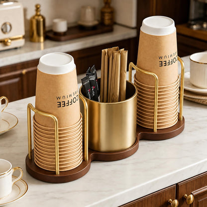 GOYLSER Coffee Station Organizer with Straw & Stirrer Storage Caddy for Cups Lids, Disposable Paper Cup Holder Cup Organizer for Coffee Bar, Office, Home Kitchen, Gold