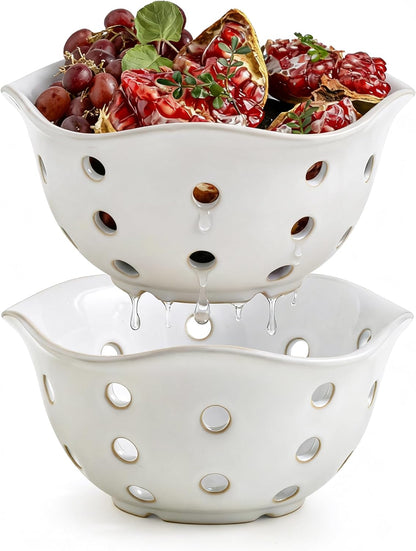 Gomakren Berry Bowls with Holes Ceramic, Berry Washing Bowl Basket Set of 2, 5.8 Inch Round Fruit Bowl Storage Containers, Strawberry Baskets, Farmhouse Kitchen Decor, Yellow + Brown