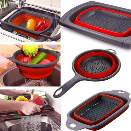 Colander Strainer Collapsible 3 sets with expendable handles, square collapsible colander, strainer with long handle