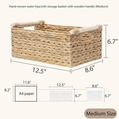 Water Hyacinth Wicker Storage Basket, Rectangular Handwoven Shelf Organizer with Wooden Handles for Pantry & Closet (Medium)