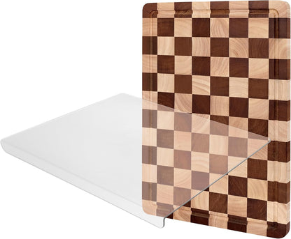 Checkered Cutting Board Set for Kitchen - 3 PCS Solid Wood End Grain Checkerboard Chopping Board with Holder & Juice Groove, Wooden Cutting Boards for Meat, Vegetables, Fruits (S, M, L)