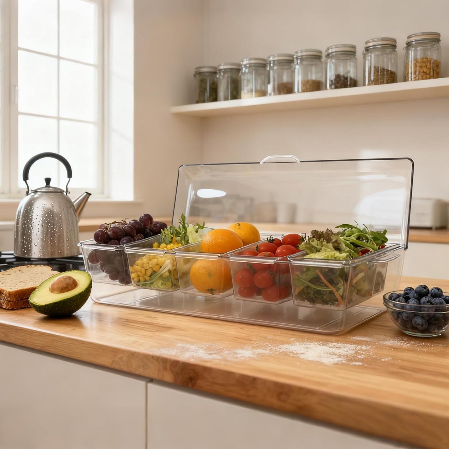 Ice Chilled Condiment Server, 5 Removable Compartments Condiment Containers with Lids Drain Plug, Clear Garnish Tray Serving Platter Holder for Caddy Fruit Snack Sauce Taco Salad Bar Supplies
