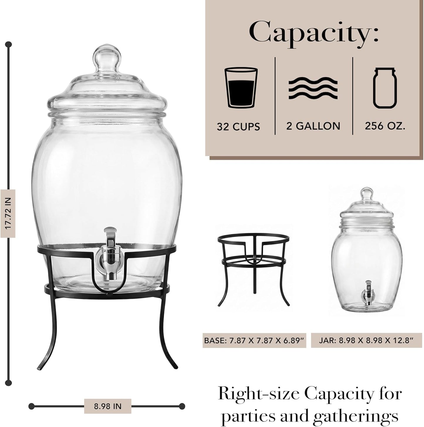 Style Setter Beverage Dispenser Cold Drink Dispenser w/ 2-Gallon Capacity Glass Jug, Metal Stand & Leak-Proof Acrylic Spigot, Glass Lid, Great for Parties, Weddings & More