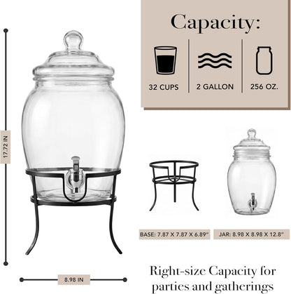 Style Setter Beverage Dispenser Cold Drink Dispenser w/ 2-Gallon Capacity Glass Jug, Metal Stand & Leak-Proof Acrylic Spigot, Glass Lid, Great for Parties, Weddings & More