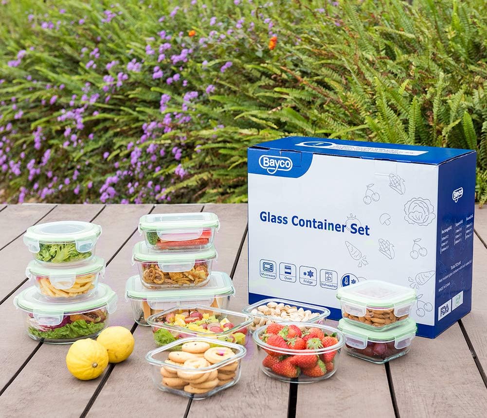 Bayco Glass Food Storage Containers with Lids, [24 Piece] Meal Prep, Airtight Bento Boxes, Leak Proof (12 lids & 12 Containers) - Blue