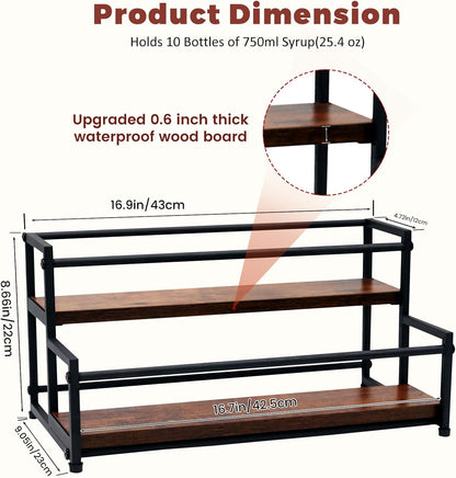 Countertop Liquor Bottle Organizer Shelf, 3-Tier | Rustic Display Rack, For Wine & Coffee Syrups, Freestanding Bar and Kitchen Storage, Easy-Carry Handles