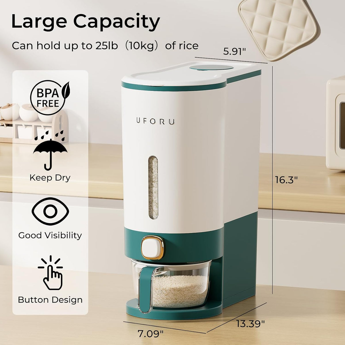 UFORU Rice Dispenser, Rice Storage Container with Measuring Cup for Kitchen Pantry Household, Dry Food Storage Containers Airtight, Sealed Moisture Proof (White 13Lbs)