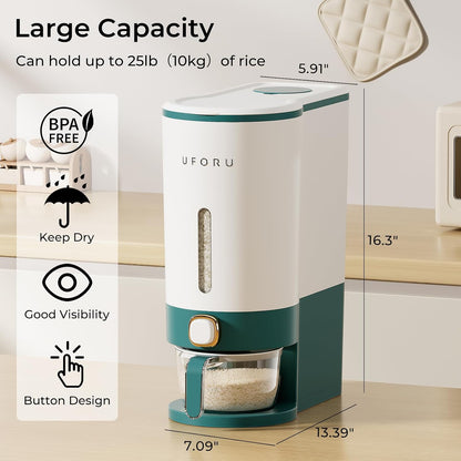 UFORU Rice Dispenser, Rice Storage Container with Measuring Cup for Kitchen Pantry Household, Dry Food Storage Containers Airtight, Sealed Moisture Proof (White 13Lbs)