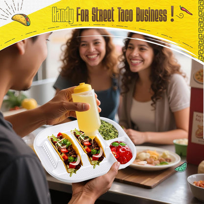 Baderke 40 Pack Disposable Plastic Taco Plates, Fiesta Tacos Holder Tray PP Taco Holder Plates with 2 Dividers for Soft & Hard Shells for Tacos Tuesday Bar, Parties, Picnics (Black)