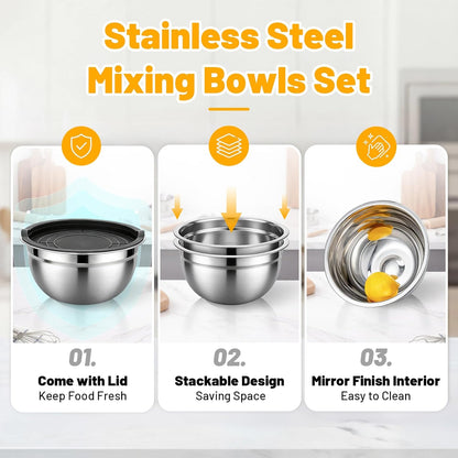 Beasea Stainless Steel Mixing Bowls, 5 Pack 1.5 QT Stackable Nesting Mixing Bowls with Airtight Lids, Metal Bowl with Lid for Baking, Meal Prepping, Salad, Serving, Food Storing
