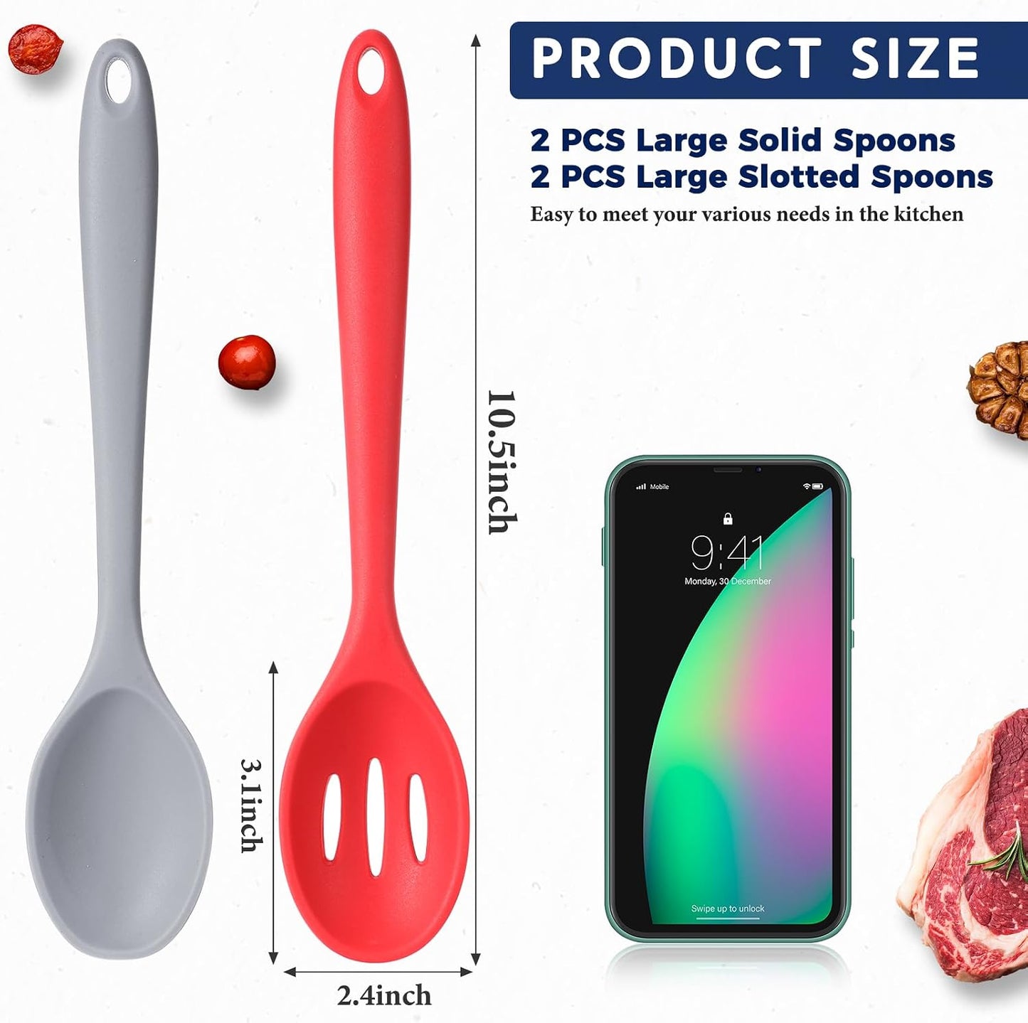 Boao 4 Pcs Silicone Spoons for Cooking 10.6 Inch Large Nonstick Serving Spoons Heat Resistant Slotted Spoon for Mixing & Stirring Kitchen Cooking Utensils, Dishwasher Safe(Black)