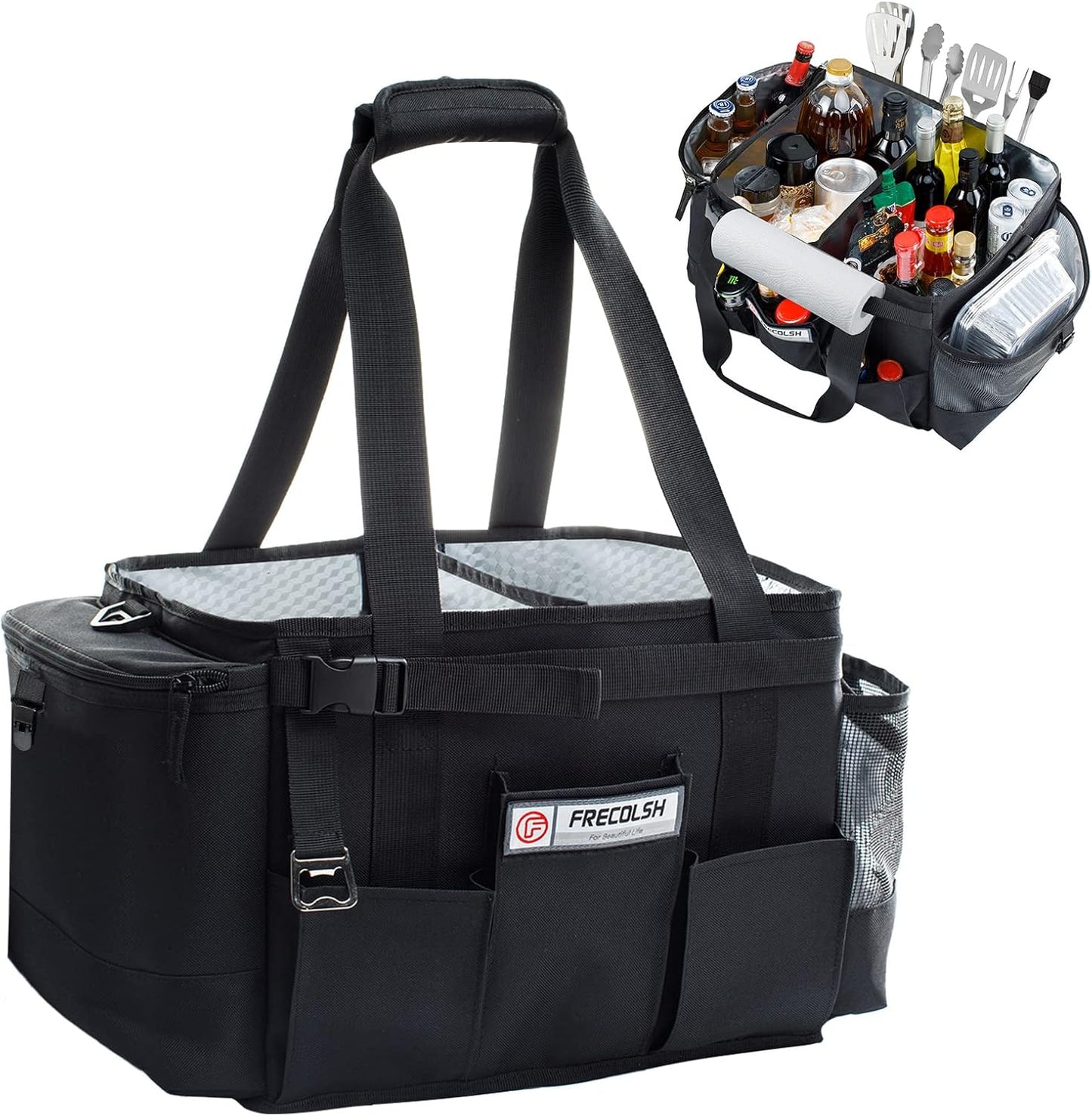 FREECOLSH Black Waterproof Caddy, 16" x 11" x 11", with Detachable Strap and Shoulder Pad for Carrying Utensils and Camping Supplies